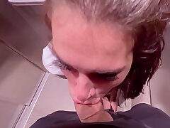Beautiful girl Instagram blogger sucks in the elevator of the store and gets a facial